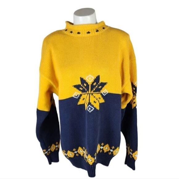 Vintage GAP Cotton Mock Neck Pullover Sweater Nordic Yellow Navy Size Large - Picture 1 of 12